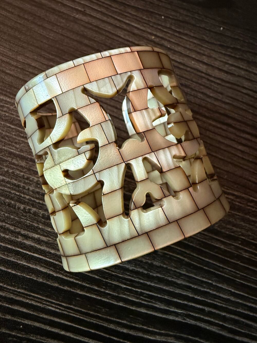 Vintage Hand-Carved Mother of Pearl Interlocking Puzzle Statement Cuff Bracelet
